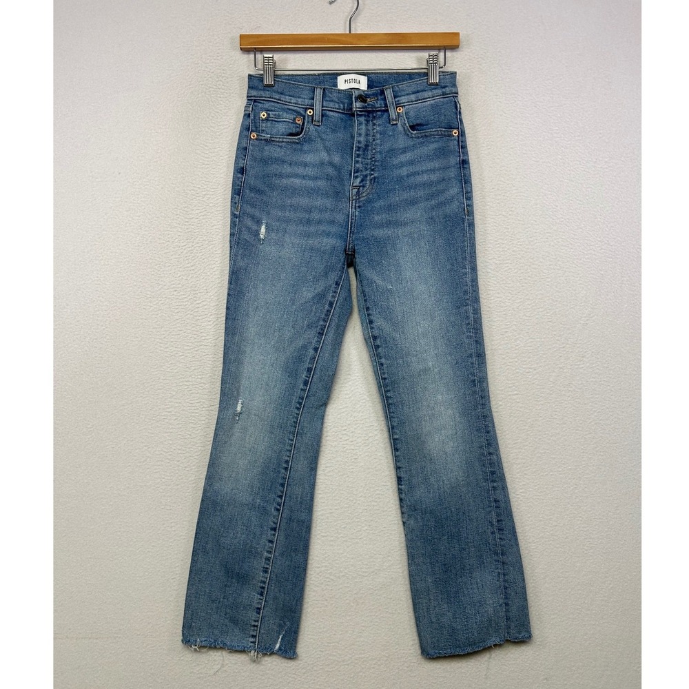 Streetwear Pistola Womens 25 Blue High Rise Raw Hem Distressed Straight Jeans